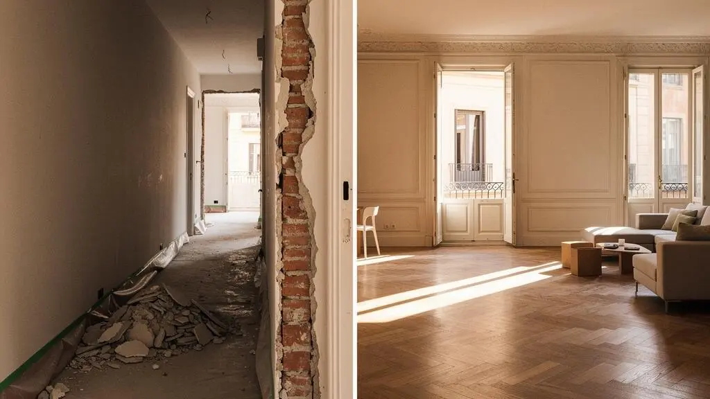 Interior de un piso español a medio reformar, mostrando la transición entre habitaciones compartimentadas y un espacio abierto luminoso