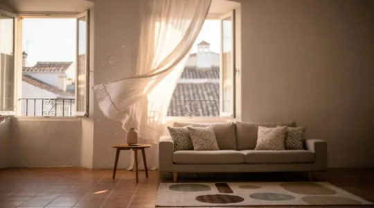 Salón luminoso de un piso español con cortinas moviéndose por la brisa de ventilación cruzada natural en verano