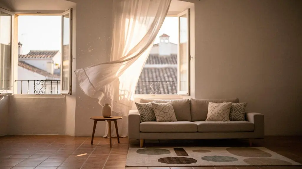 Salón luminoso de un piso español con cortinas moviéndose por la brisa de ventilación cruzada natural en verano
