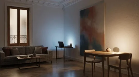 Salón de 30 metros cuadrados en un piso español dividido visualmente en tres zonas mediante luz, materiales y color, sin tabiques.