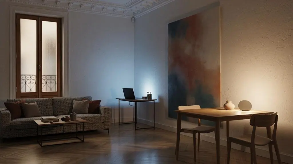 Salón de 30 metros cuadrados en un piso español dividido visualmente en tres zonas mediante luz, materiales y color, sin tabiques.